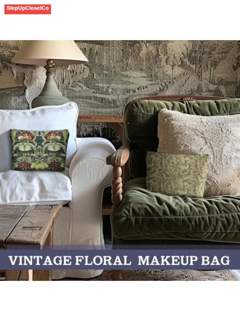 Set of 6 Cotton Canvas Makeup Bags Retro Floral Cosmetic Travel Organizer Pouch